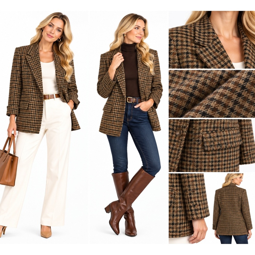 Allen Collins 10 Blazer Plaid Wool Houndstooth Vintage Equestrian Old Money Chic